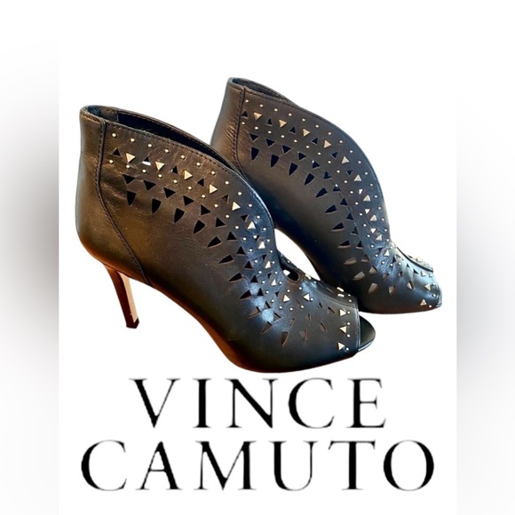 Vince Camuto Peep Toe Leather Ankle Booties Black 6M - Picture 3 of 11